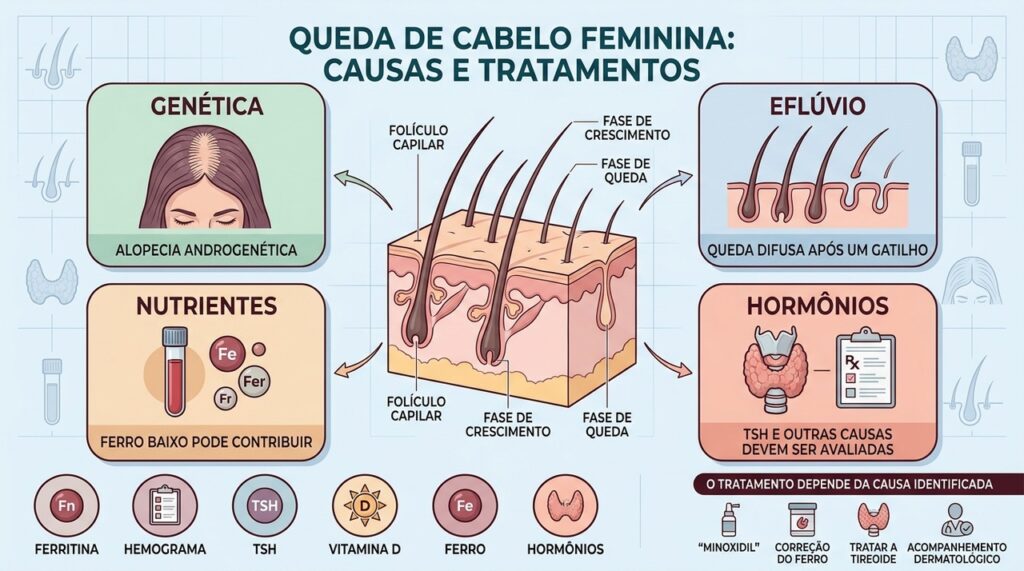 Genética, eflúvio, ferro e tireoide estão entre as causas investigadas.