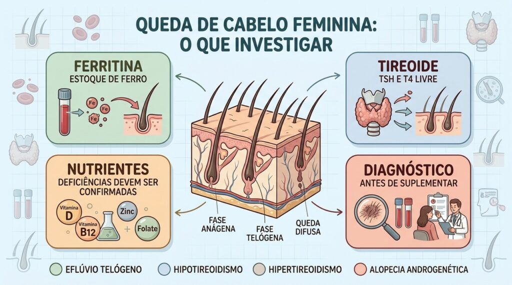 Ferritina, tireoide, nutrientes e exames ajudam a esclarecer a queda feminina.