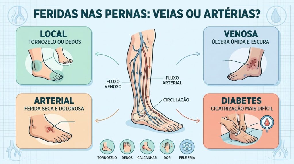 Tornozelo, dedos, dor e aparência da pele ajudam a investigar a origem circulatória.