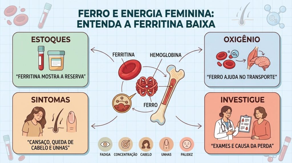 Ferritina, hemoglobina e sintomas ajudam a investigar deficiência de ferro com segurança.