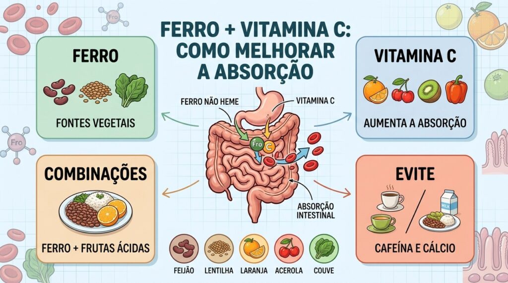 Ferro vegetal, vitamina C e combinações alimentares podem melhorar a absorção intestinal.