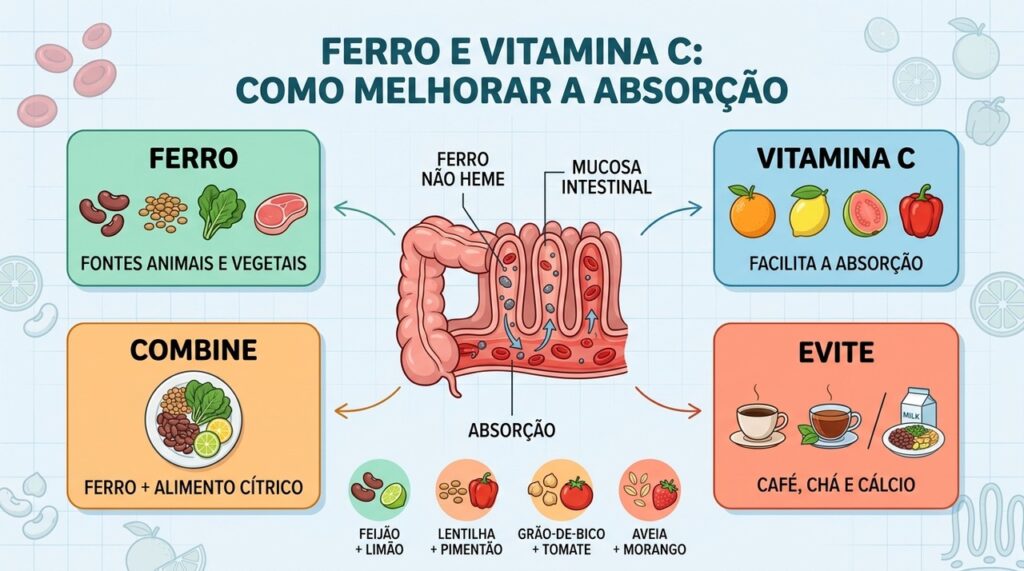 Combinar fontes de ferro com vitamina C pode melhorar sua absorção intestinal.