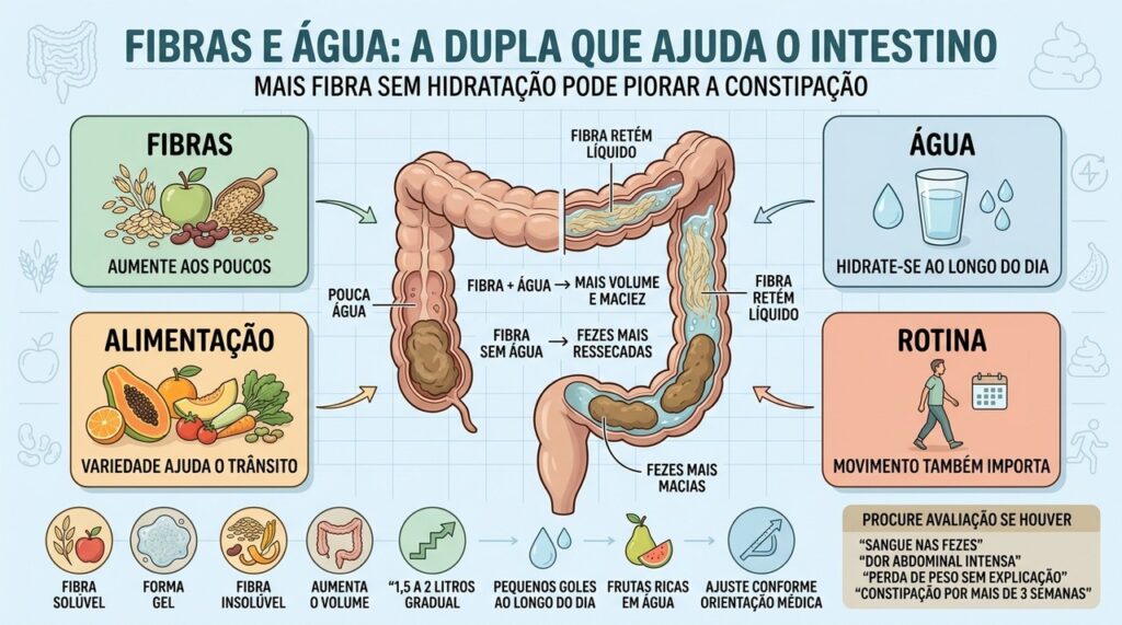 Fibras, água, aumento gradual e rotina favorecem fezes macias e trânsito intestinal.