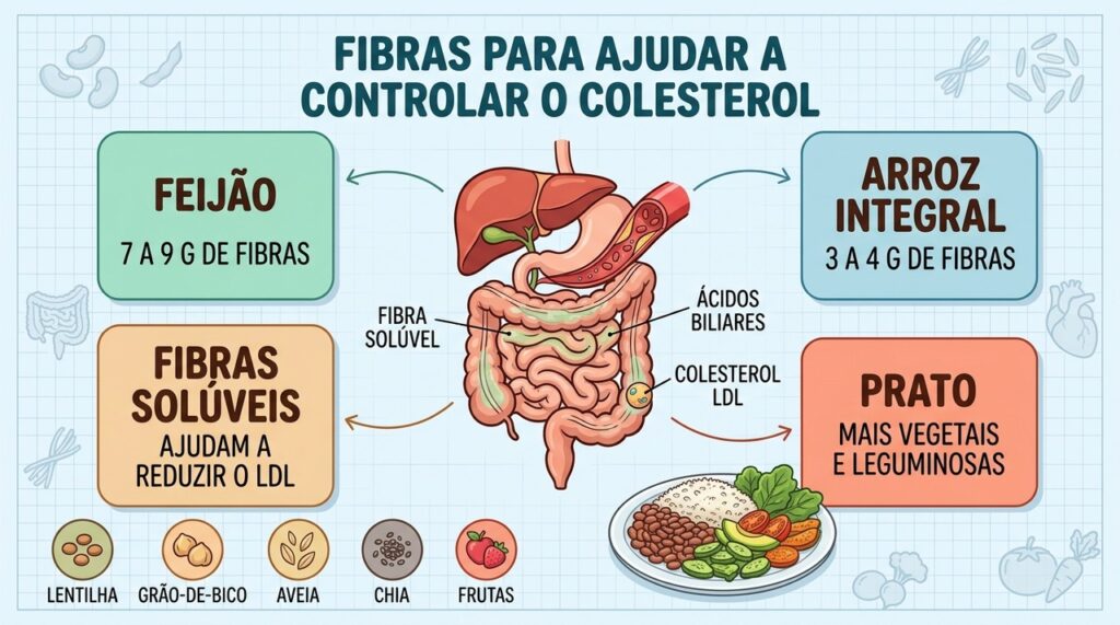 Feijão, cereais integrais e vegetais ampliam as fibras que ajudam no controle do colesterol.