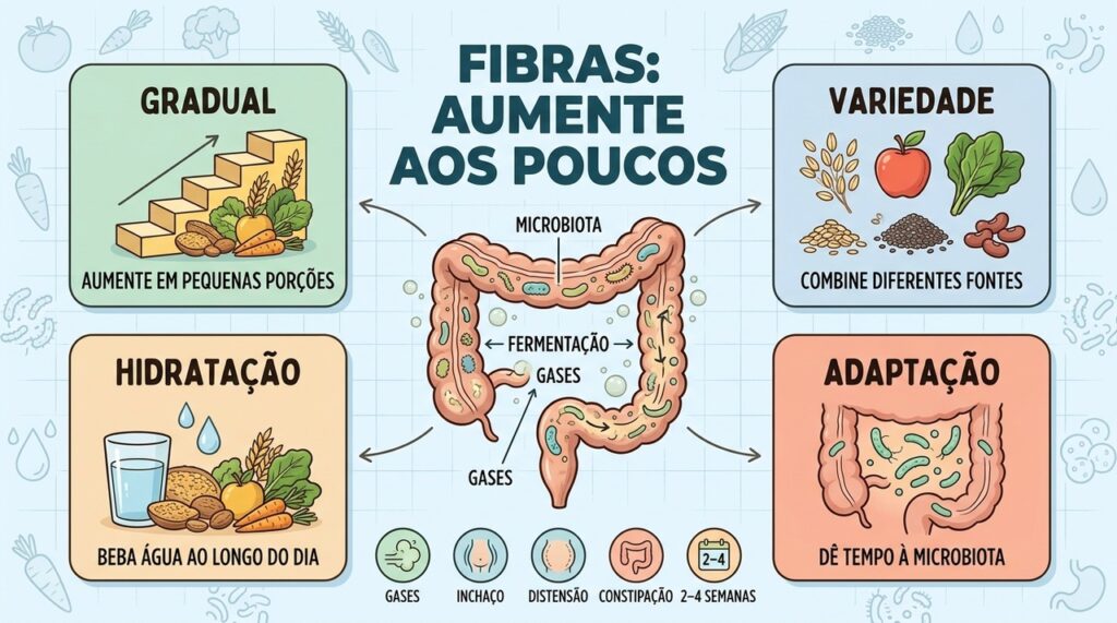 Gradualidade, variedade, hidratação e adaptação ajudam a aumentar fibras com menos desconforto.