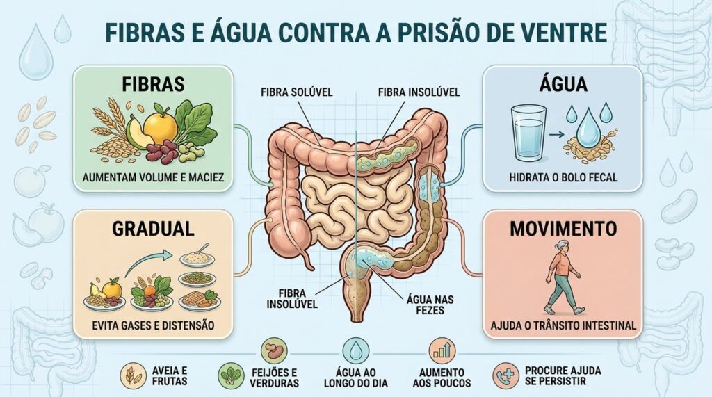 Fibras, água, aumento gradual e movimento ajudam a evitar fezes ressecadas.