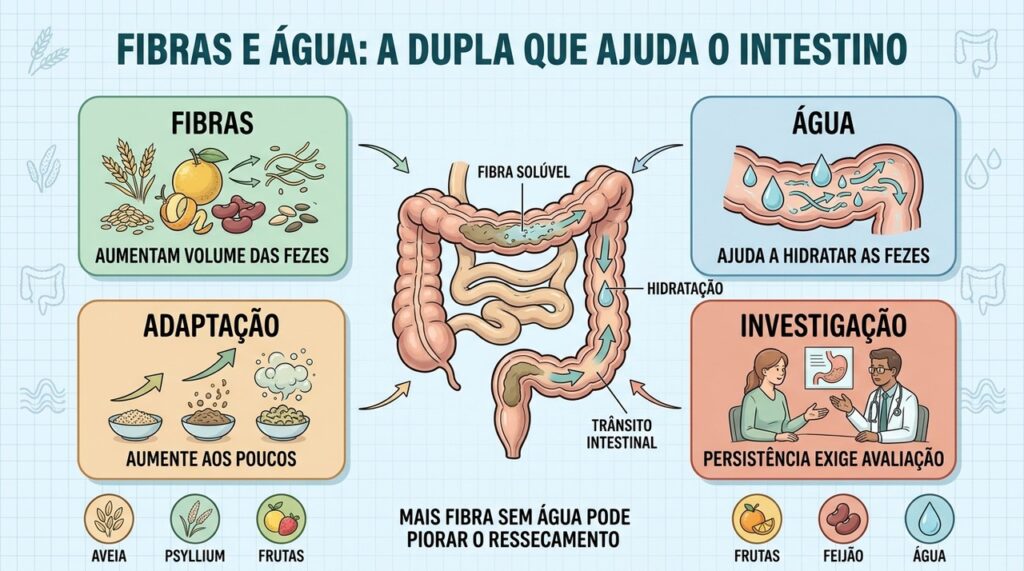 Fibras, água e adaptação gradual favorecem fezes macias e trânsito intestinal regular.
