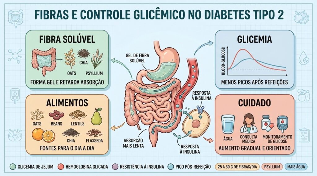 Fibras solúveis, alimentos, hidratação e acompanhamento ajudam no controle glicêmico.