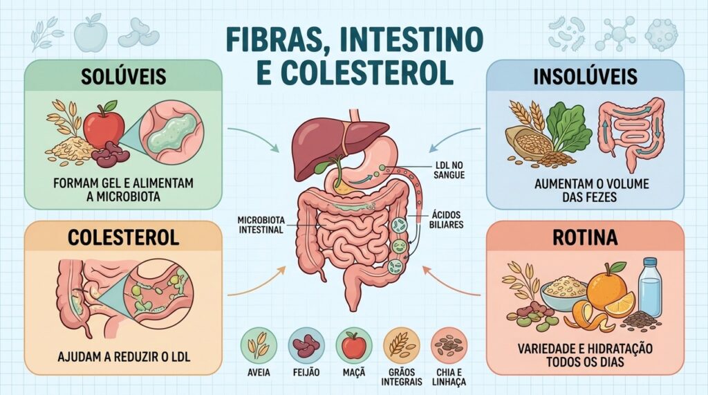 Fibras solúveis, insolúveis, microbiota e bile conectam intestino e colesterol.