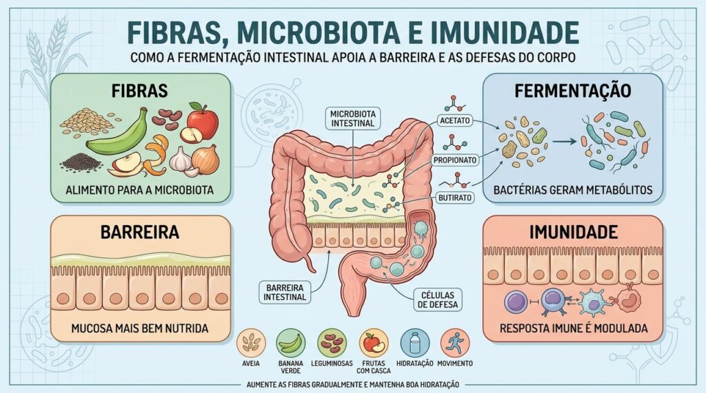 A fermentação das fibras gera compostos que sustentam mucosa e resposta imune.