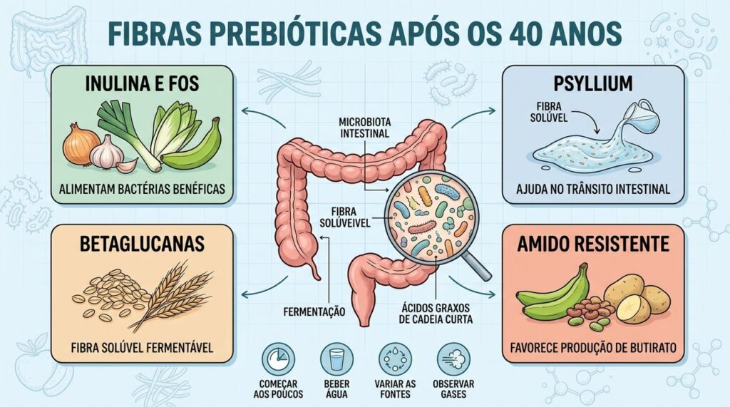 Fibras prebióticas, hidratação e variedade alimentar ajudam a sustentar microbiota e trânsito intestinal.