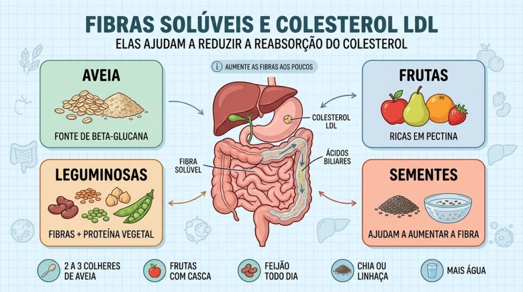 Aveia, frutas, leguminosas e sementes aumentam fibras solúveis e ajudam no controle do LDL.