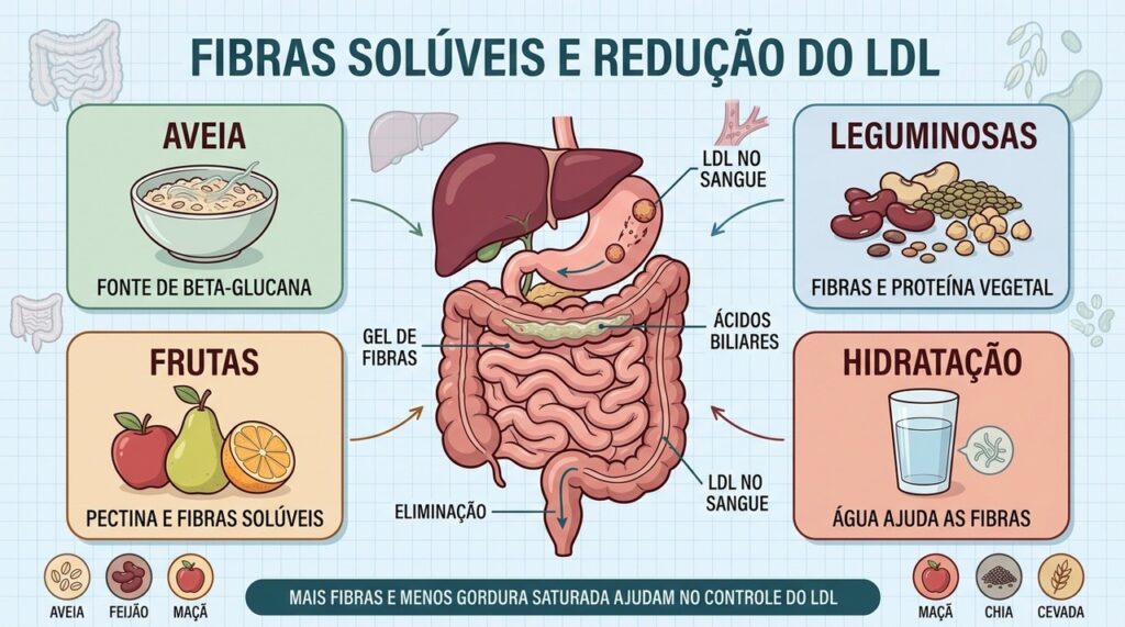 Aveia, leguminosas, frutas e hidratação ajudam as fibras a reduzir o LDL.