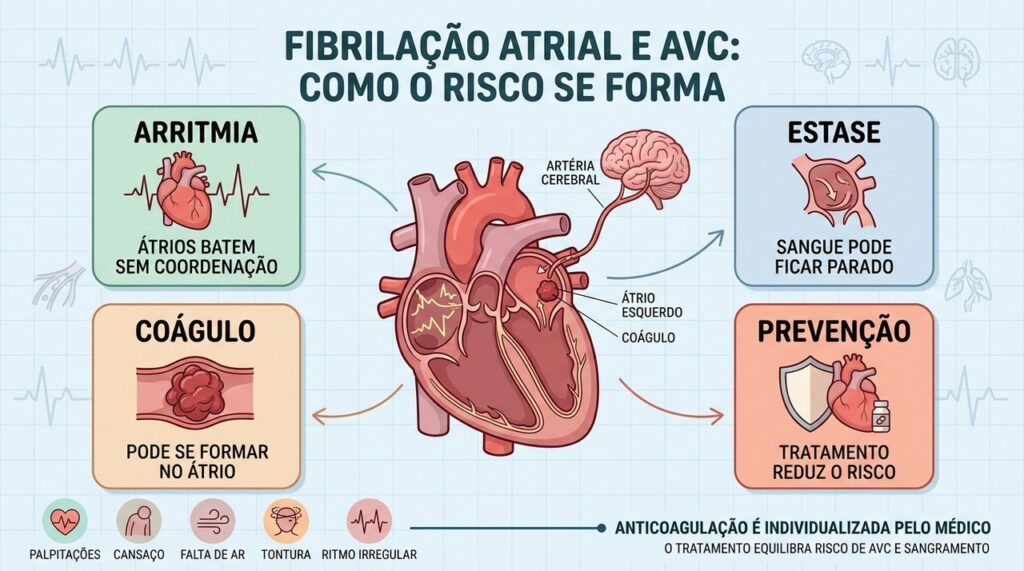 Arritmia, sangue parado, coágulo e prevenção explicam a relação entre fibrilação atrial e AVC.