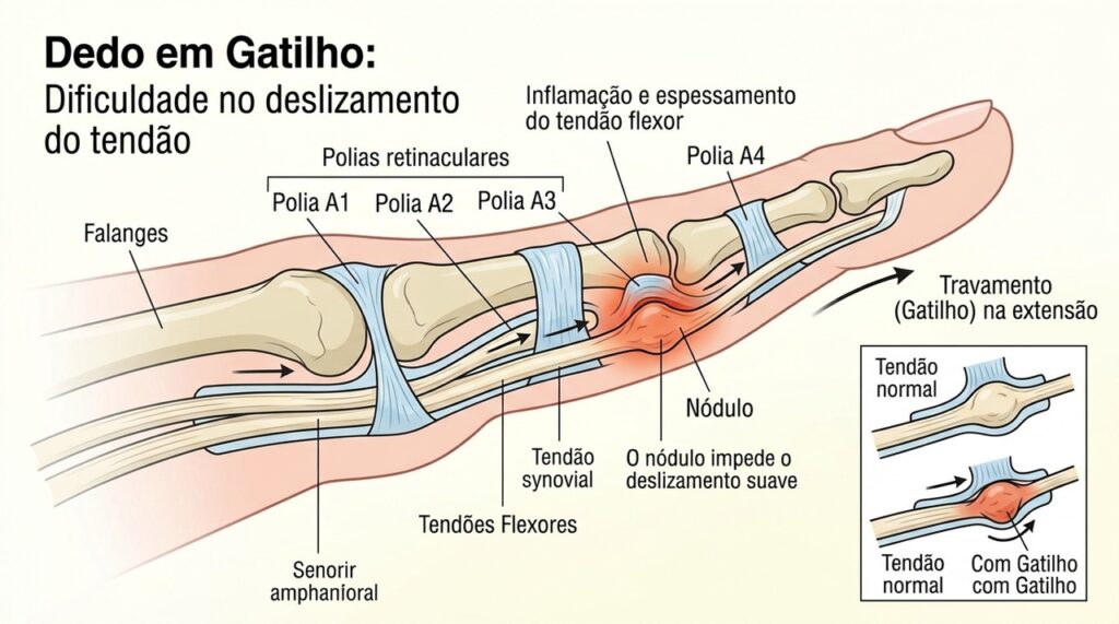 O espessamento do tendão e da polia pode dificultar o deslizamento e provocar o travamento do dedo.