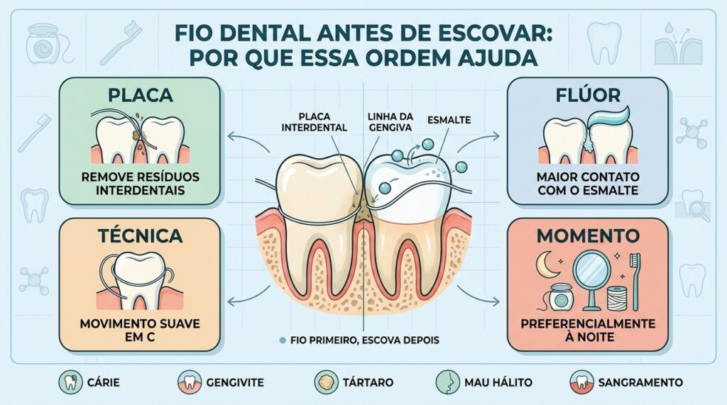 Placa, flúor, técnica e horário explicam por que o fio deve vir primeiro.