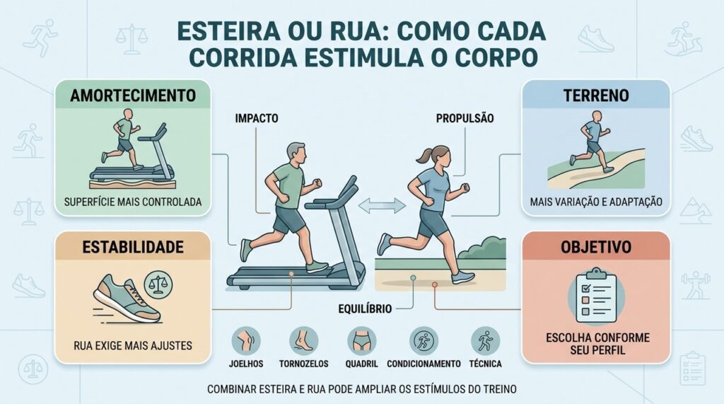 Amortecimento, terreno, estabilidade e objetivo diferenciam a corrida na esteira e na rua.