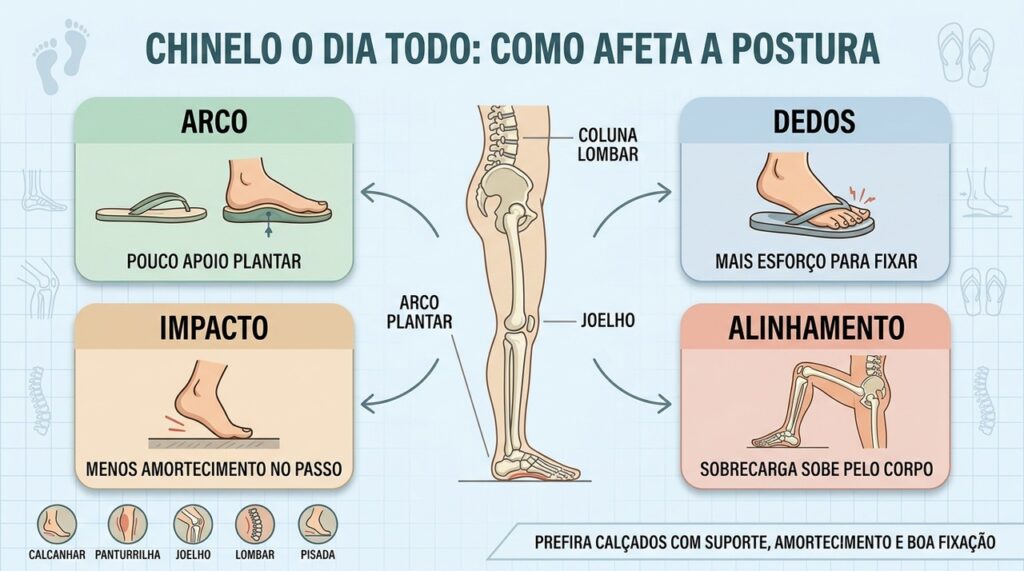 Arco plantar, fixação, amortecimento e alinhamento explicam a sobrecarga causada pelo chinelo.