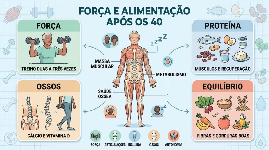 Força, proteína, saúde óssea e alimentação equilibrada sustentam músculos após os 40.