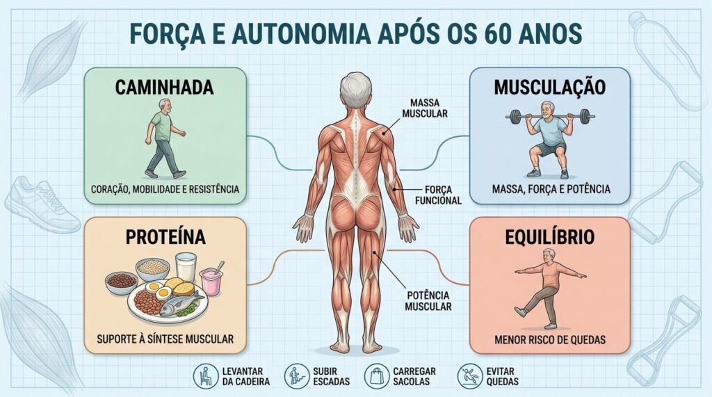 Caminhada, musculação, proteína e equilíbrio ajudam a preservar músculos e independência.