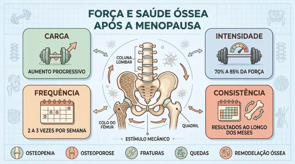 Carga, intensidade, frequência e consistência sustentam ganhos de densidade óssea na pós-menopausa.