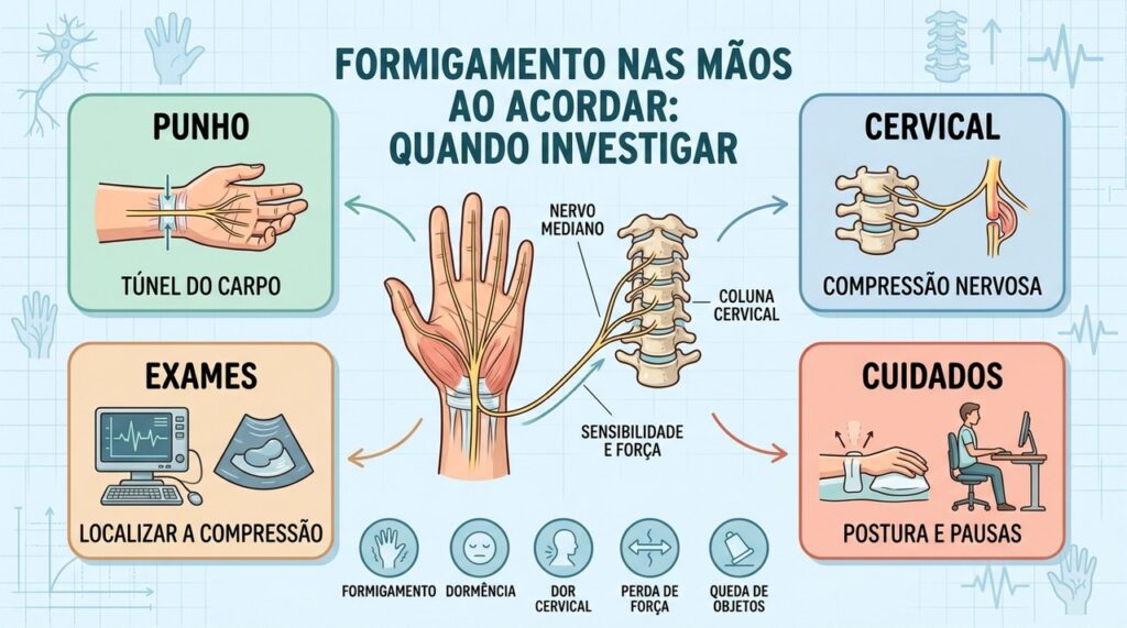 Punho, cervical, exames e cuidados ajudam a diferenciar as causas do formigamento.