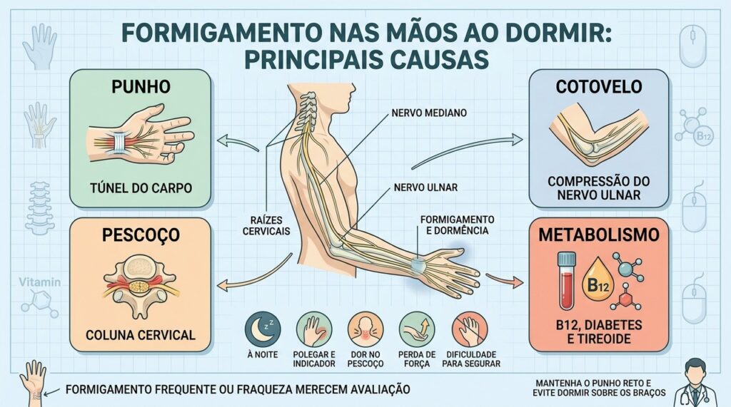 Punho, cotovelo, coluna e alterações metabólicas podem explicar o formigamento noturno.