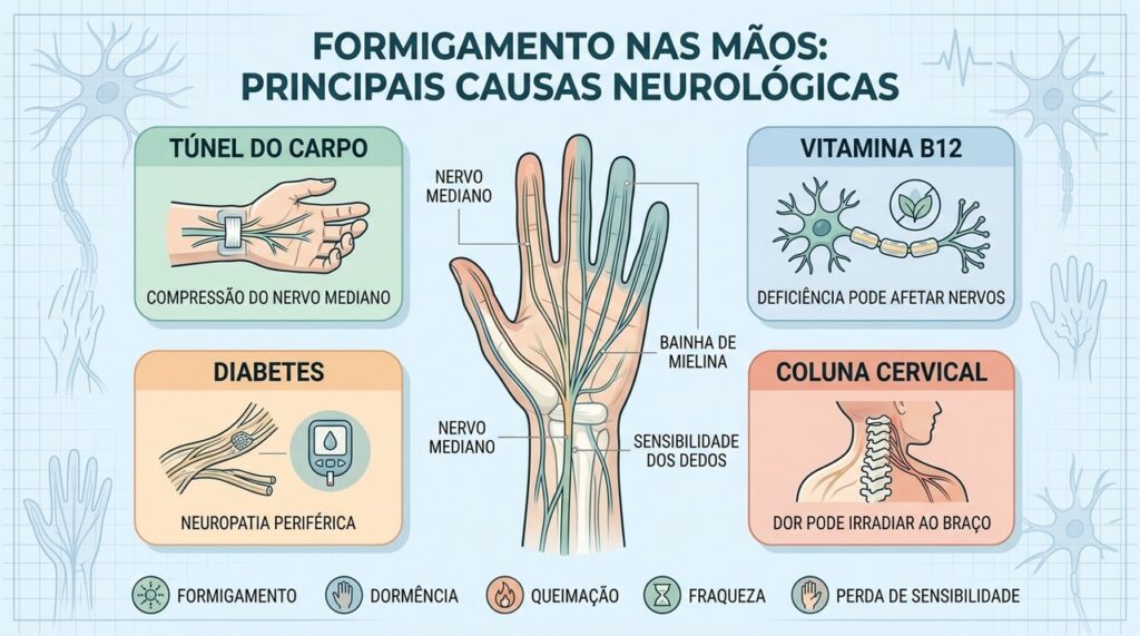 Túnel do carpo, B12, diabetes e coluna cervical podem causar formigamento.
