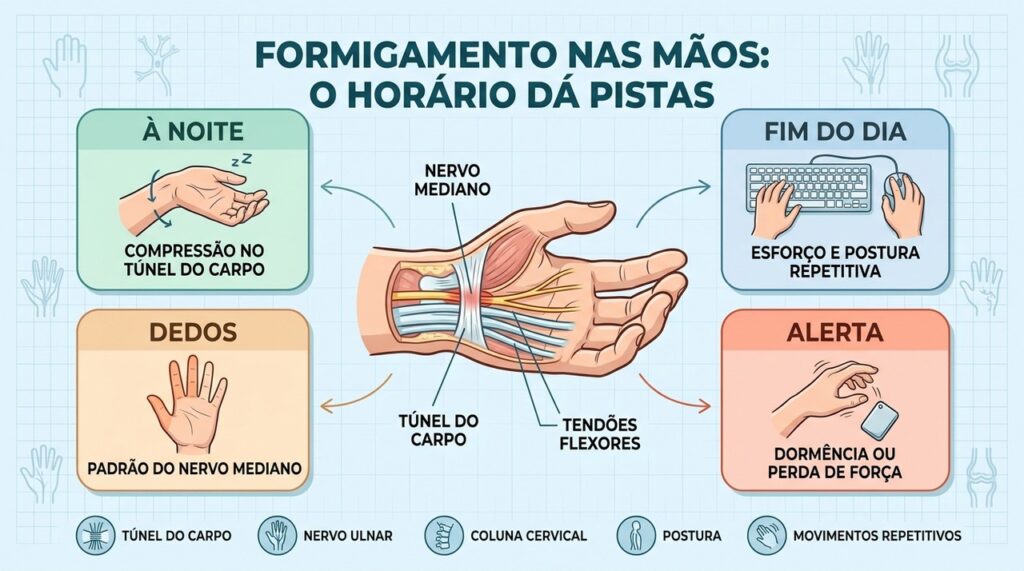 Horário, dedos afetados e perda de força ajudam a identificar a origem do formigamento.