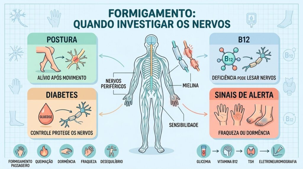 Postura, B12, diabetes e sinais neurológicos ajudam a diferenciar formigamento passageiro de neuropatia.