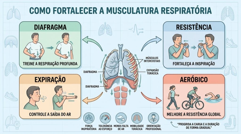 Diafragma, resistência, expiração e exercício aeróbico desenvolvem força e eficiência respiratória.