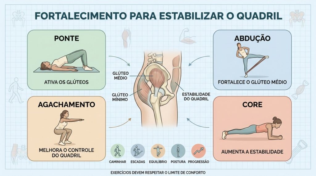 Ponte, abdução, agachamento e core ajudam a estabilizar o quadril.