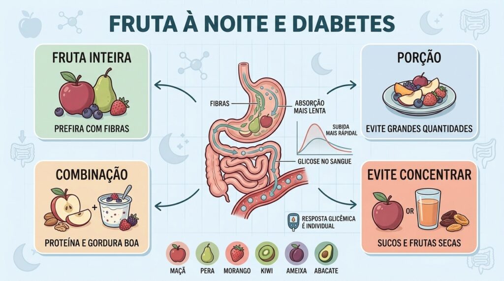 Fruta inteira, porção adequada e boas combinações ajudam no controle glicêmico noturno.