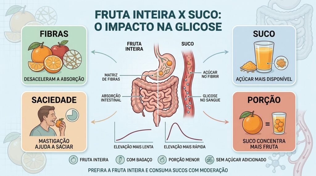 Fibras, mastigação e menor concentração tornam a fruta inteira metabolicamente mais favorável.