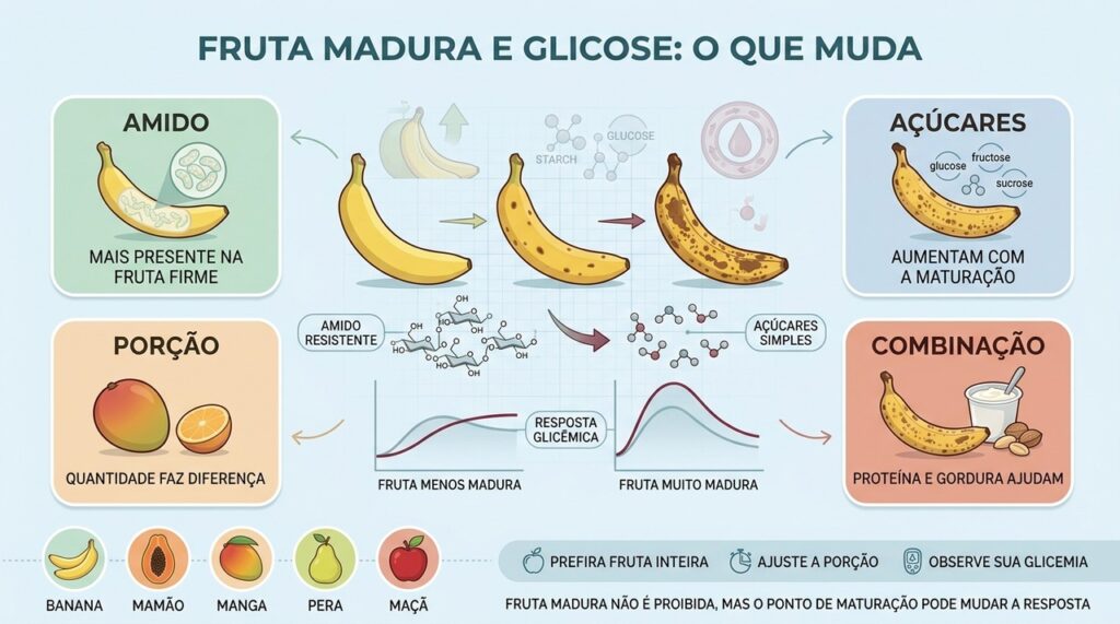 Amido, maturação, porção e combinação influenciam a resposta glicêmica das frutas.