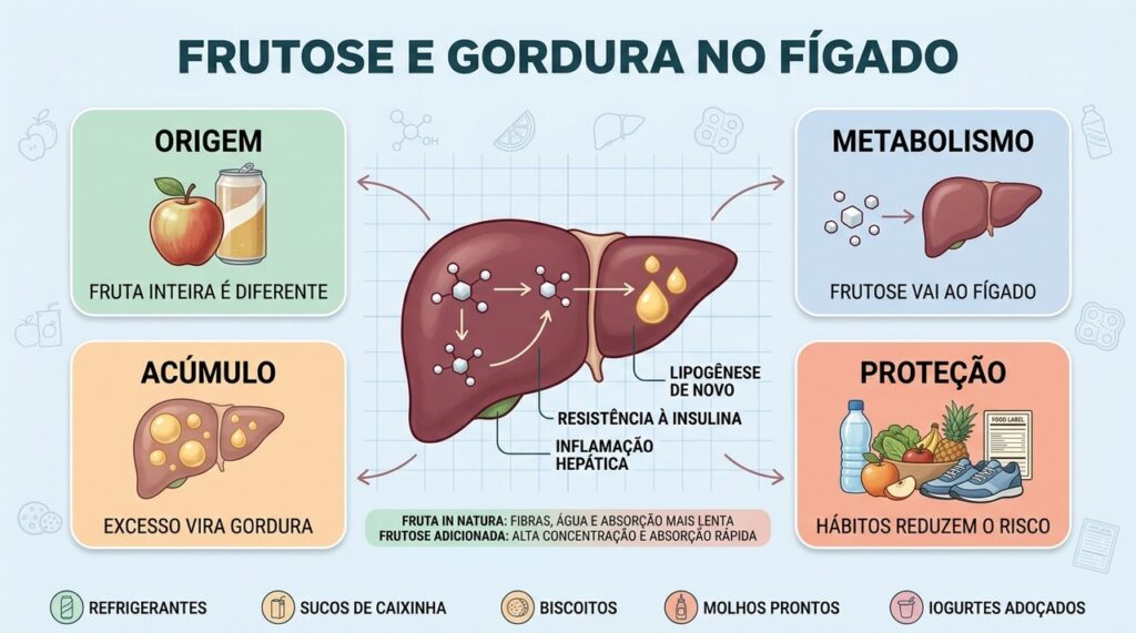 Origem, metabolismo, acúmulo e proteção explicam a relação entre frutose e fígado.