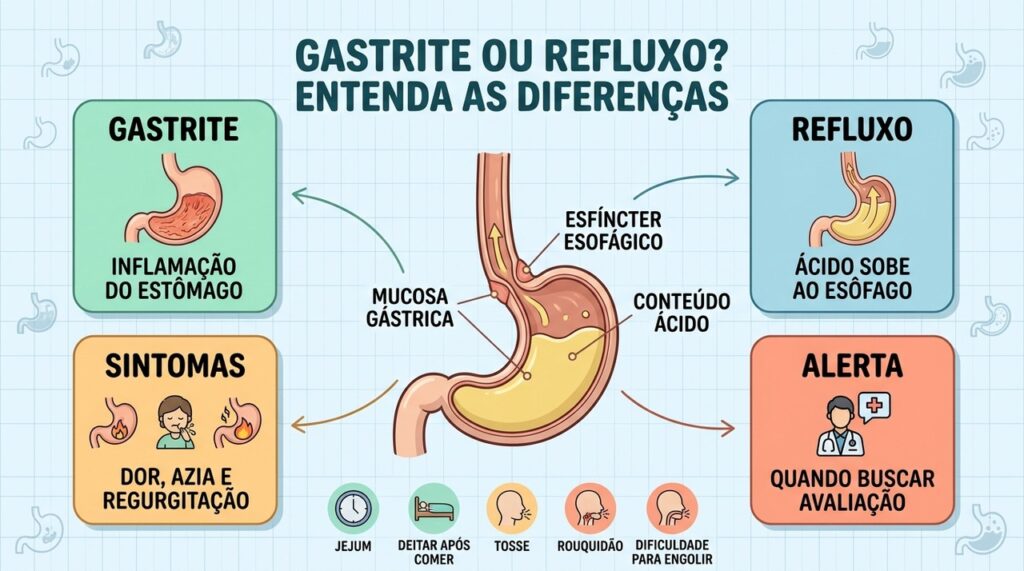 Gastrite inflama o estômago; refluxo leva conteúdo ácido de volta ao esôfago.