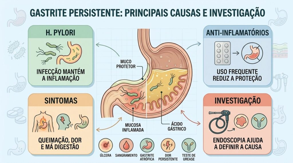 H. pylori, anti-inflamatórios, sintomas e endoscopia ajudam a explicar a gastrite persistente.