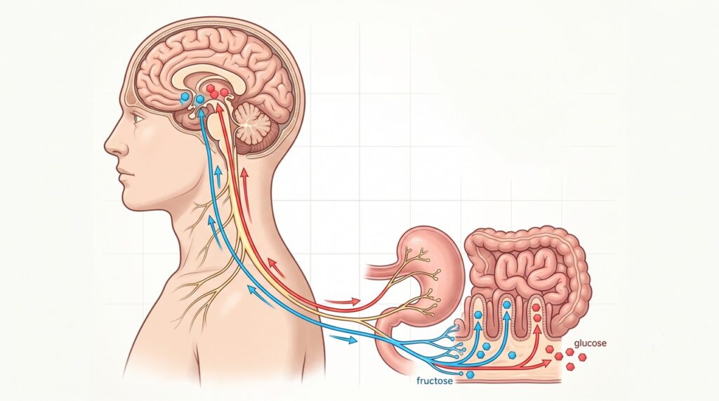 Frutose e glicose ativaram caminhos distintos de comunicação entre o intestino e o cérebro.