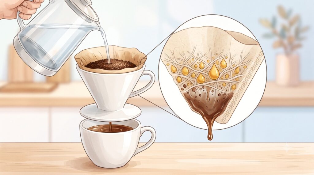 O filtro de papel retém parte dos diterpenos cafestol e kahweol presentes nos óleos do café.
