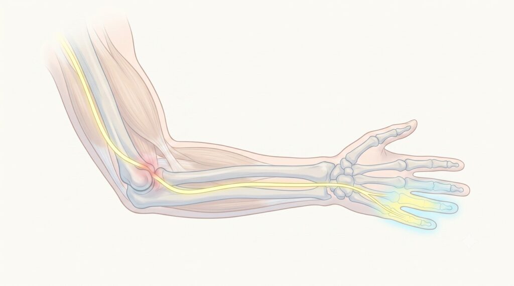 No túnel cubital, o nervo ulnar é comprimido na região interna do cotovelo.