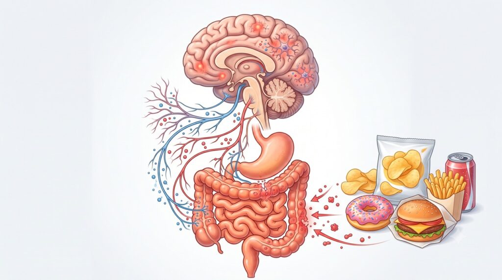 A alimentação ultraprocessada pode afetar fatores metabólicos e intestinais investigados na saúde cerebral.