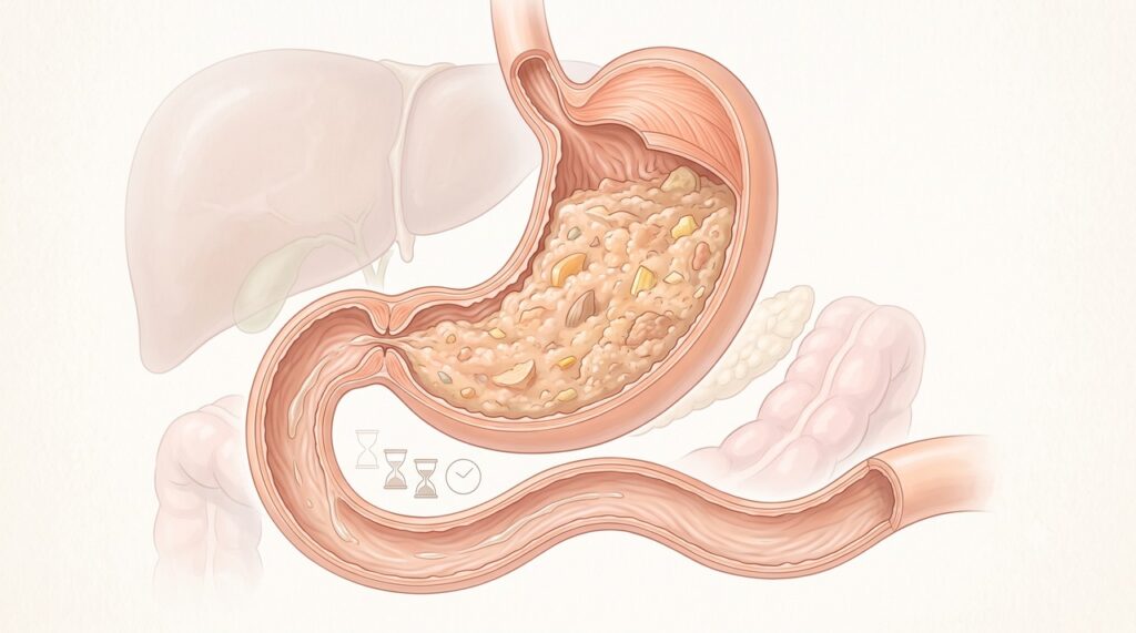 Na gastroparesia, o estômago demora mais para conduzir os alimentos ao intestino.