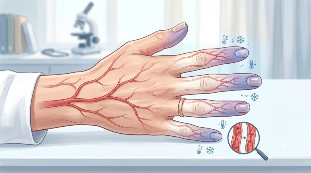No fenômeno de Raynaud, a contração dos vasos reduz temporariamente a circulação nos dedos.