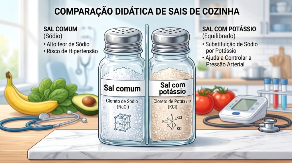 O sal com potássio substitui parte do cloreto de sódio sem eliminar a necessidade de moderação.