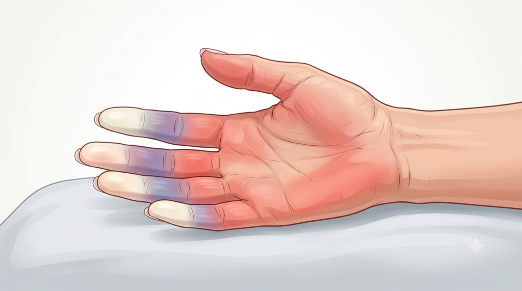 No Raynaud, os dedos podem ficar brancos, azulados e depois avermelhados quando a circulação retorna.