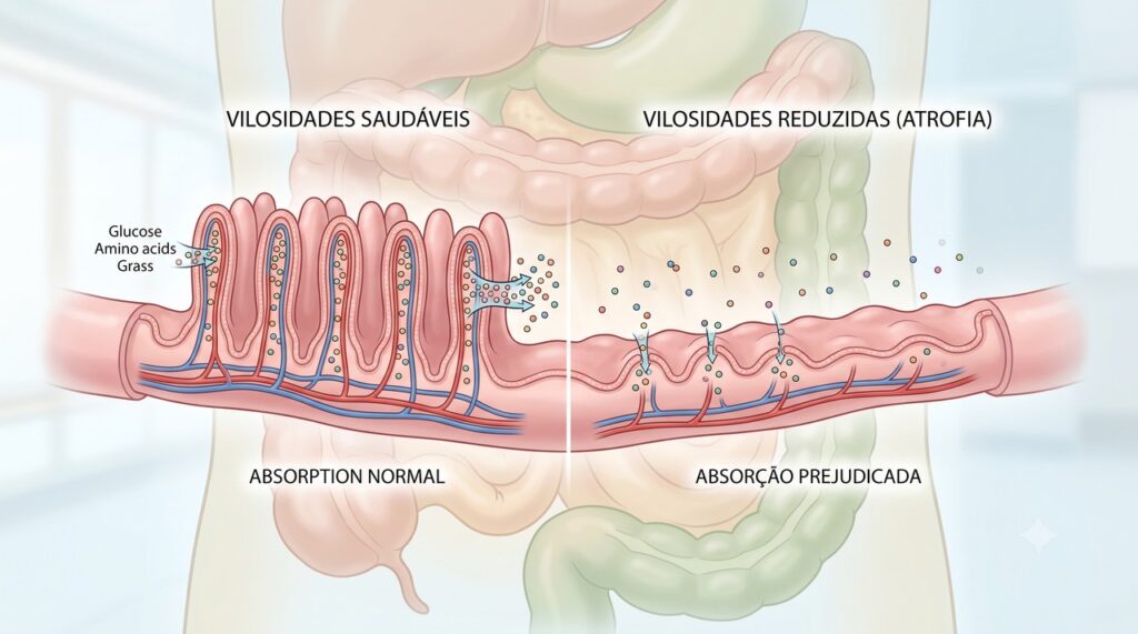 A doença celíaca pode lesionar o intestino e dificultar a absorção de nutrientes.