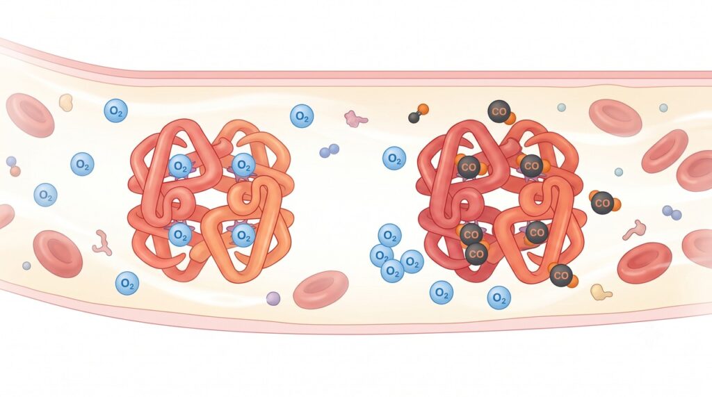 O monóxido de carbono se liga à hemoglobina e reduz o transporte de oxigênio pelo corpo.