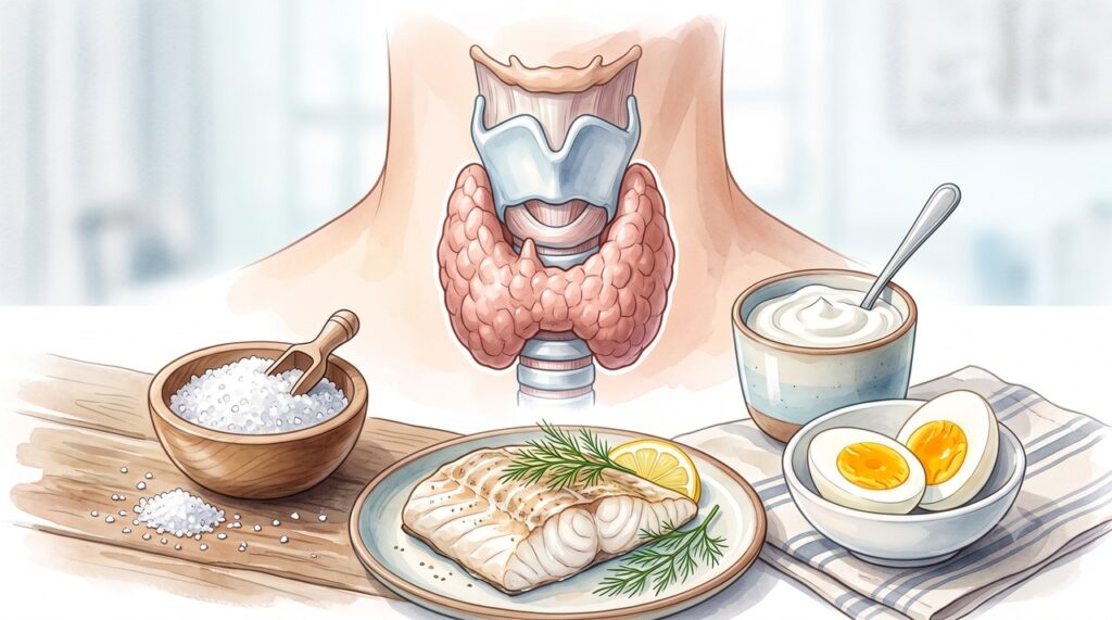 A tireoide utiliza o iodo da alimentação para produzir hormônios que regulam o metabolismo.