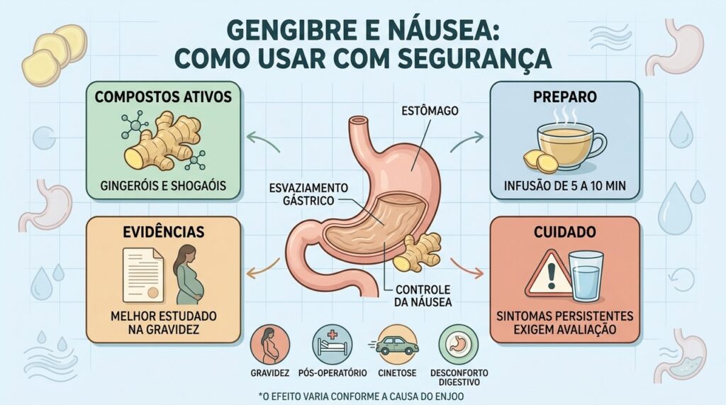 Compostos ativos, preparo, evidências e cuidados resumem o uso do gengibre contra náusea.